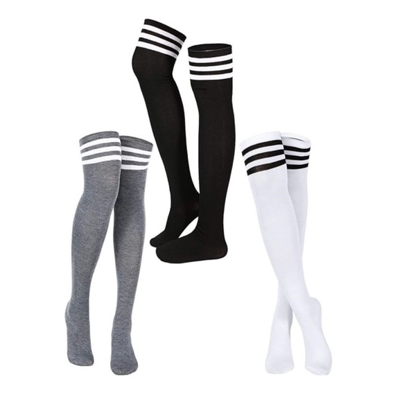 3 Pairs Knee High Socks Thigh High Socks Triple Stripe over the Knee Socks - Picture 1 of 4
